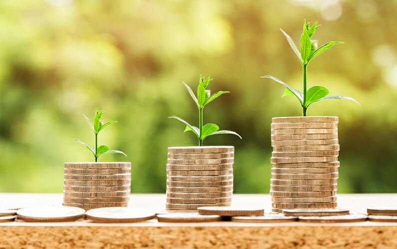 Three plants growing out of stacks of coins which represent increasing profitability